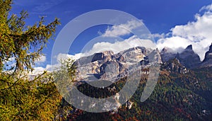 Autumn landscape of Brenta Dolomites in sunset light.