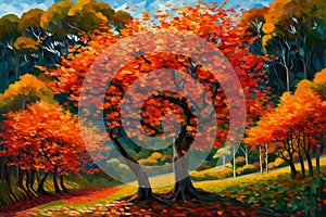 Autumn landscape with bright colorful trees,  Digital painting in oil