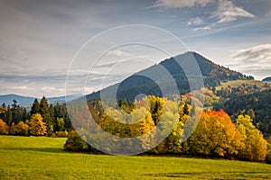 Autumn landscape with brightly colored trees and hills