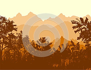 Autumn landscape with brown trees. Mountains in a warm country. hand drawing. Not AI, Illustrat3 . Vector illustration photo