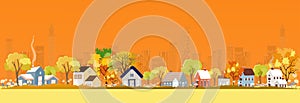 Autumn landscape in city with copy space, vector illustration panorama view cartoon Fall season in the town with orange folitage,