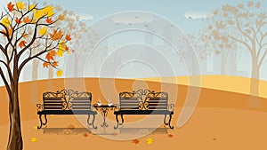 Autumn landscape in City park with hot chocolate drink with cinnamon maples on table, two benches with  leaves falling from maples