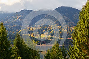 Autumn landscape of Colibita lake, Romania. Nature. Mountain resort