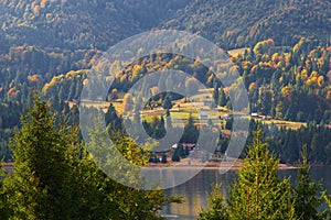 Autumn landscape of Colibita lake, Romania. Nature. Mountain resort