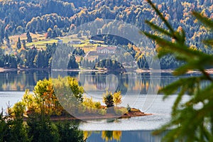 Autumn landscape of Colibita lake, Romania. Nature. Mountain resort