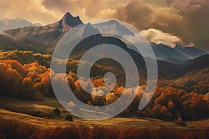 Autumn landscape with colorful forest and mountains in the background.