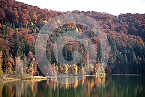 Autumn landscape with colorful forest, St Ana Lake, Transylvania, Romania