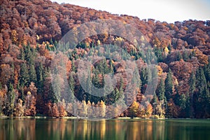 Autumn landscape with colorful sunrise, St Ana Lake, Transylvania, Romania