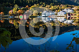 Autumn Landscape with Colourful Trees and Houses Reflection at Gamlehaugen