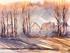 Autumn landscape created with watercolors. photo