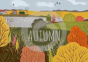 Autumn landscape. Cute flat horizontal vector illustration of nature background with hill, meadow, forest and plants