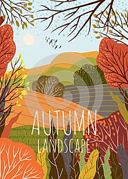 Autumn landscape. Cute vector illustration of nature background with hill, meadow and forest. Freehand drawing