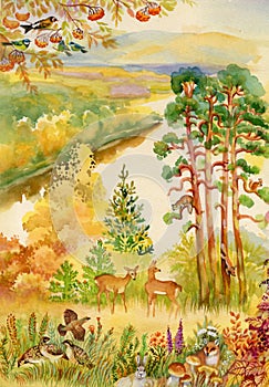 Autumn landscape with deer