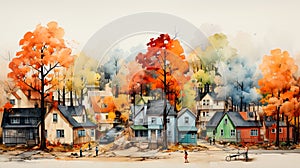 Autumn Landscape. Digital Art of Little Town. Fall in the Village. colorful Trees. Watercolor Style Art. Generative AI.