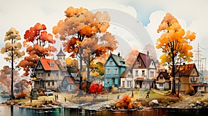 Autumn Landscape. Digital Art of Little Town. Fall in the Village. Generative AI.