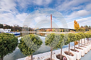 Autumn landscape of Drumul Taberei Park in Bucharest city capital of Romania with cloudy sky and great fall colors