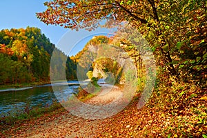 Autumn landscape Dunajec River Gorge Mountains Trees