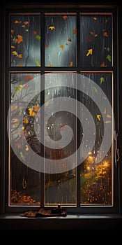 Autumn landscape with falling leaves through a window in the evening.