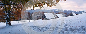 Autumn landscape with the first snow in the mountains