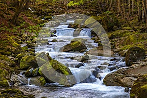 autumn landscape of flowing cascade water in a mountain river