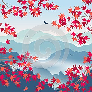Autumn Landscape with Foggy Mountains and Japanese Maple Leaves