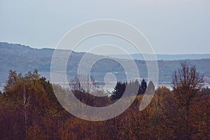 Autumn landscape in the forest. bright sunbeams in vibrant colors