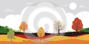 Autumn landscape forest trees in countryside, Vector cartoon of mid autumn field with leaves falling from trees in orange foliage.