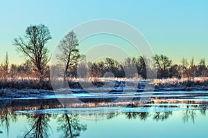 Autumn landscape, frosty morning by the river. Western Siberia