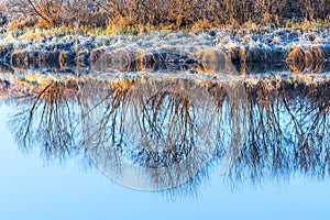 Autumn landscape, frosty morning by the river. Western Siberia