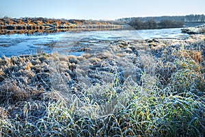 Autumn landscape, frosty morning by the river. Western Siberia