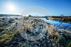 Autumn landscape, frosty morning by the river. Western Siberia