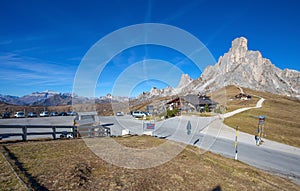 Autumn landscape at Giau pass with famous Ra Gusela,Nuvolau peaks in background,Dolomites, Italy,