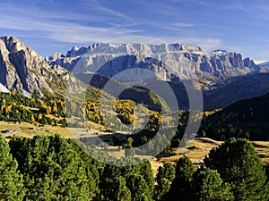 Autumn landscape of Gruppo di Sella, from Seceda Mountain. Dolomites mountains, Italy, Europe