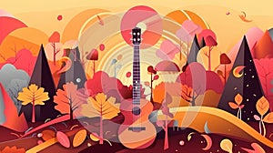 Autumn landscape with guitar and music notes. Vector illustration in cartoon style.