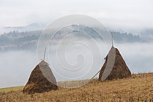 Autumn landscape with haystacks and fog in the mountains