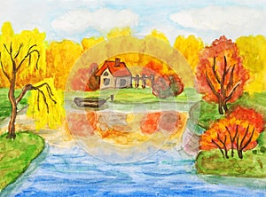 Autumn landscape with house, painting