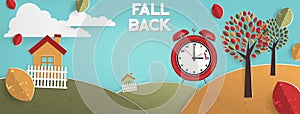 Autumn landscape illustration with alarm clock for fall daylight savings time change