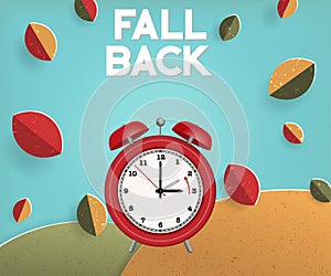 Autumn landscape illustration with clock and text for daylight savings time change