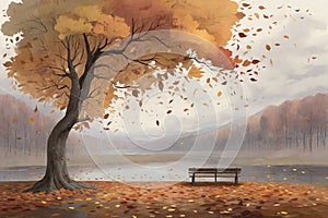 Autumn landscape lake, falling leaves and wooden bench in the park.AI Generated