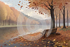 Autumn landscape lake, falling leaves and wooden bench in the park.AI Generated