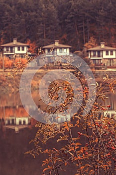 Autumn landscape with lake and houses, Bulgaria