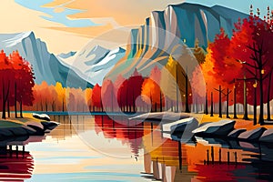 Autumn landscape with lake, mountains in the background, nature illustration wallpaper, generative ai