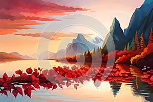 Autumn landscape with lake and mountains at sunset, beautiful red leaves on the water, generative ai