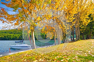 Autumn landscape on the lakeside. Trees with yellow leaves. A boat on the shore of a mountain lake. Natural landscape in autumn ti