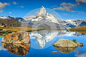 Autumn landscape with Matterhorn peak and Stellisee lake,Valais,Switzerland