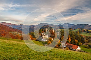 Autumn landscape with medieval castle of The Sklabina at sunset