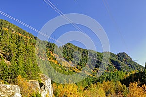 Autumn landscape in a mountain with colorful trees and power lines