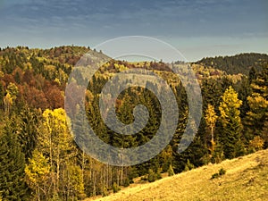 Autumn landscape of the mountain, fields and valleys of a sunny day in central Bosnia