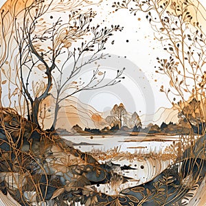Autumn landscape, mountain walley with orange leaves and yellow grass, watercolor style, AI generative illustration