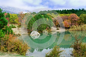 Autumn landscape with mountains and lakeMountain Shaan-kaya, the city of Alupka, Crimea. For cards, calendars, design. Autumn